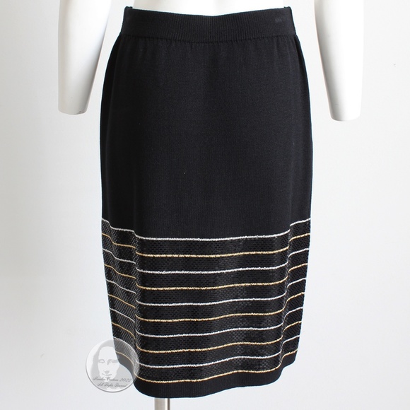 St John Evening Suit Jacket Skirt 2pc Set Embellished Knit Black Gold White Sz 6 - Picture 8 of 11
